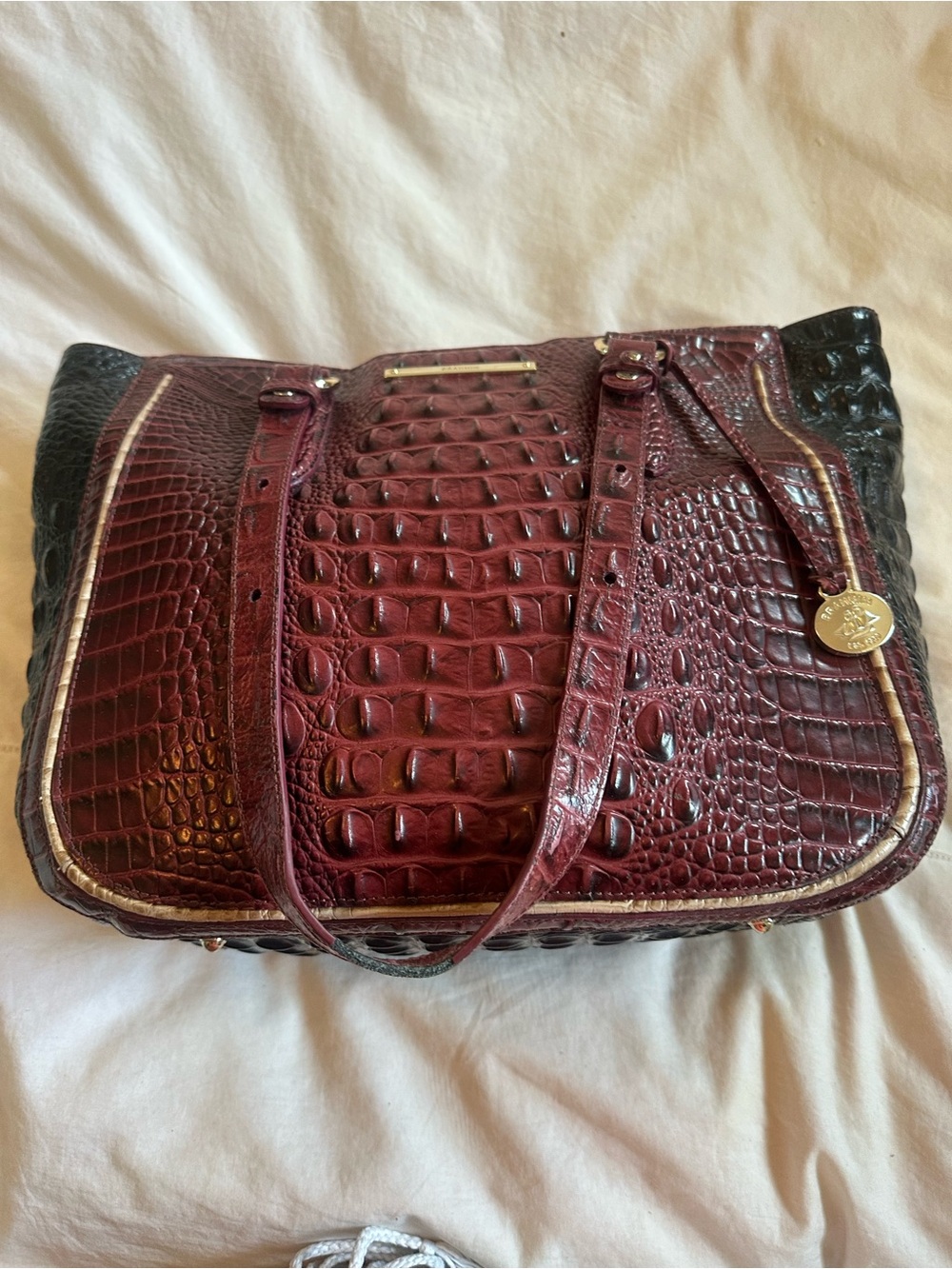 Brahmin Croc-Embossed Wine and Black Tote with Gold Trim and matching wallet